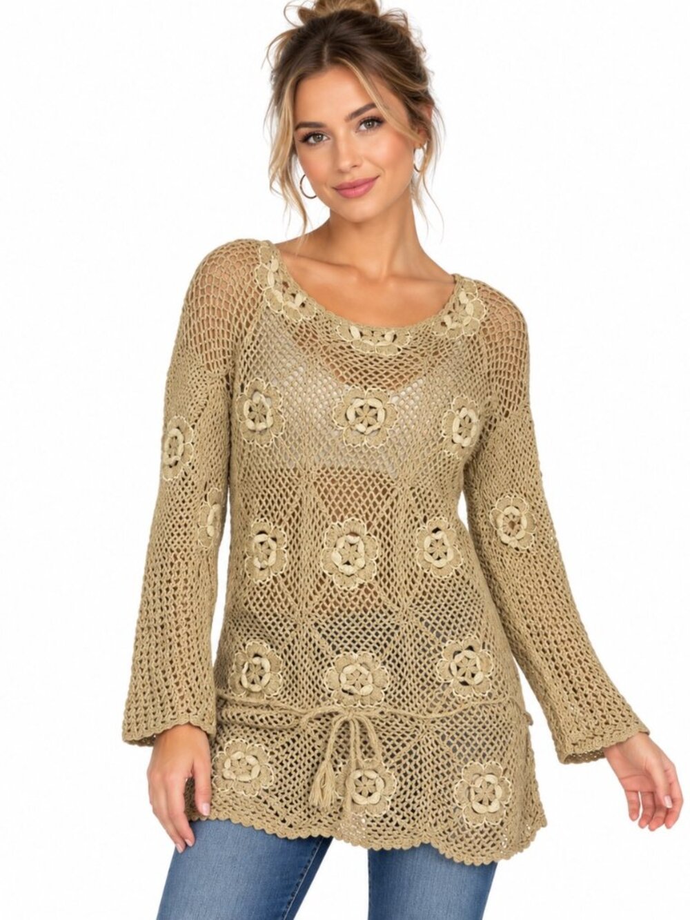 Midnight Velvet Women's Crochet Sweater M Beige 100% Cotton Handmade Boho Floral